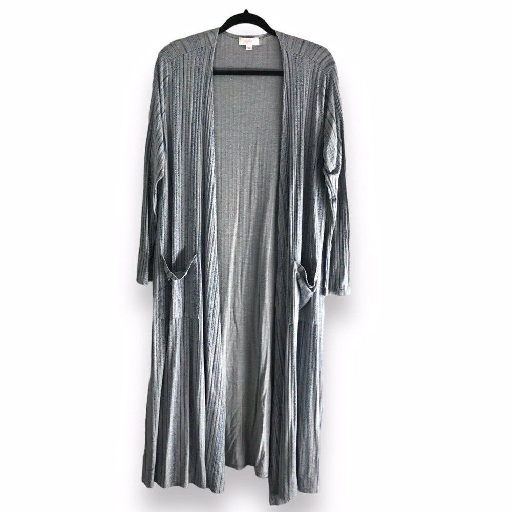 Lularoe Sarah Size Medium Duster Cardigan Gray Teal Stripe Pockets‎ Long Sleeve